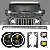 Auxbeam 07-17 Jeep JK - Mega Bundle, 7" LED Halo Headlights,52" 300W Straight LED Light Bar&Windshield Mounting Brackets, 18W Pods light - GP00007587
