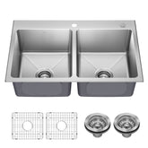 KRAUS 33” Topmount Double Bowl Stainless Steel Kitchen Sink - KHT632-33