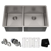 KRAUS 33" Undermount 40/60 Double Bowl 16 Gauge Stainless Steel Kitchen Sink with NoiseDefend Soundproofing - KHU104-33