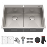 KRAUS 33" x 22" Pax Drop-In Topmount Zero-Radius Double Bowl Stainless Kitchen Sink - KP1TD33S-2