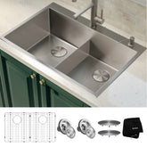 KRAUS 33 x 22 inch Standart PRO Drop-In 16 Gauge Double Bowl 2-Hole Stainless Steel Kitchen Sink - KHT302-33