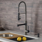 KRAUS Artec Pro 2-Function Commercial Style Pre-Rinse Kitchen Faucet with Matching Deck Plate in Matte Black/Black Stainless - KPF-1603MBSB-DP03SB