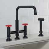KRAUS Urbix Bridge Kitchen Faucet with Side Sprayer in Matte Black/Red - KPF-3125MBRD