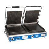 Globe GPGSDUE14D Double Countertop Sandwich / Panini Grill with Grooved Top and Smooth Bottom Plates - GLGPGSDUE14D 
