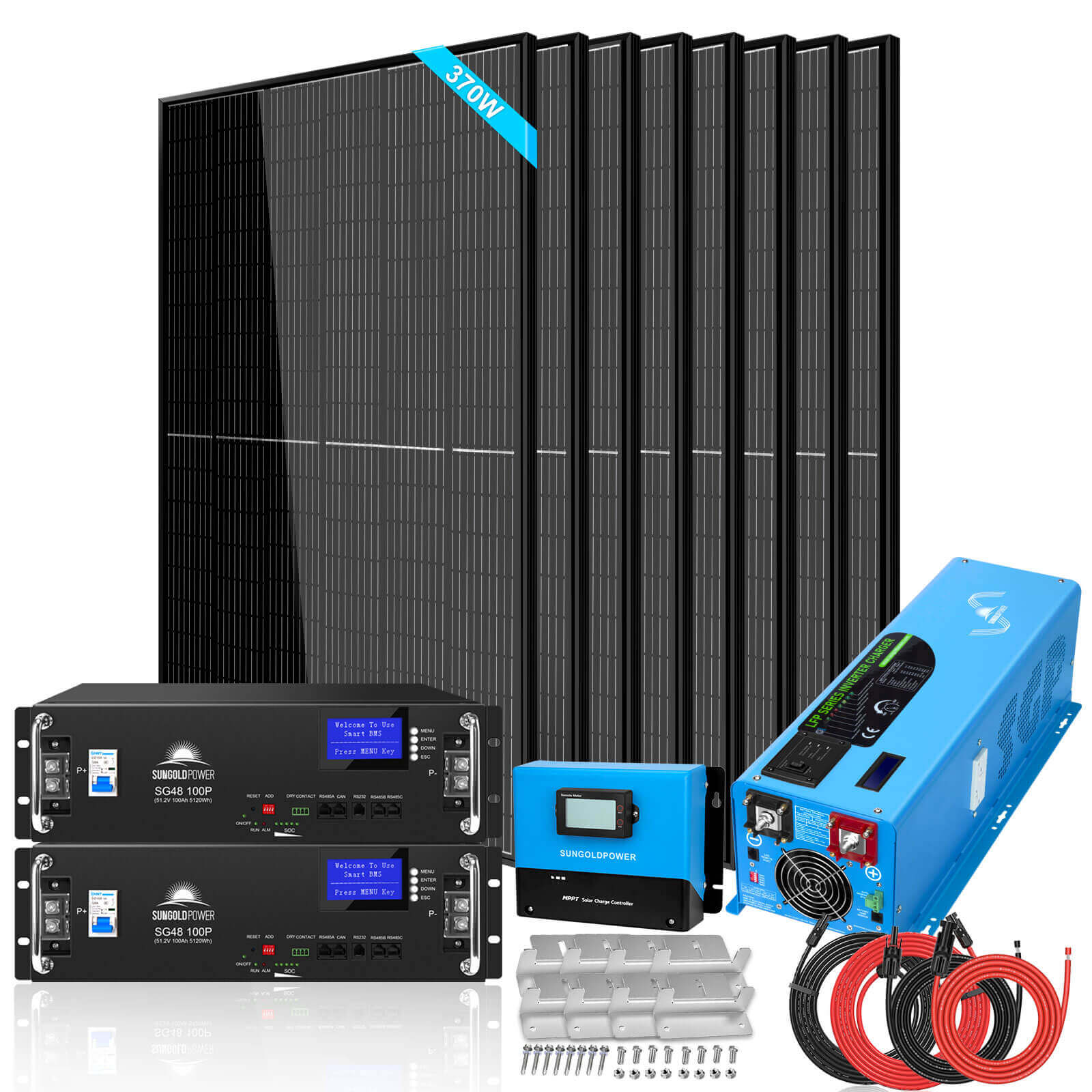Sun Gold Off-Grid Solar Kit 6000W 48VDC 120V/240V LifePo4 10.48KWH Power Wall Lithium Battery 8 X 370 Watts Solar Panels SGR-6KL48C