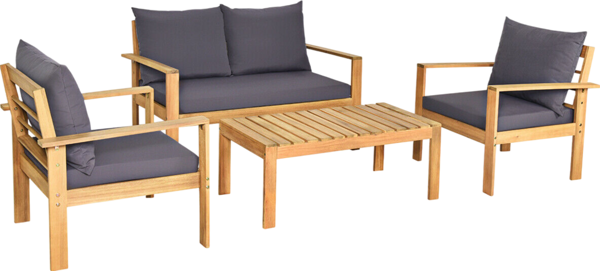 Costway Patio Furniture Set 4 Pieces Acacia Wood with Water Resistant Cushions New - HW69256GR+
