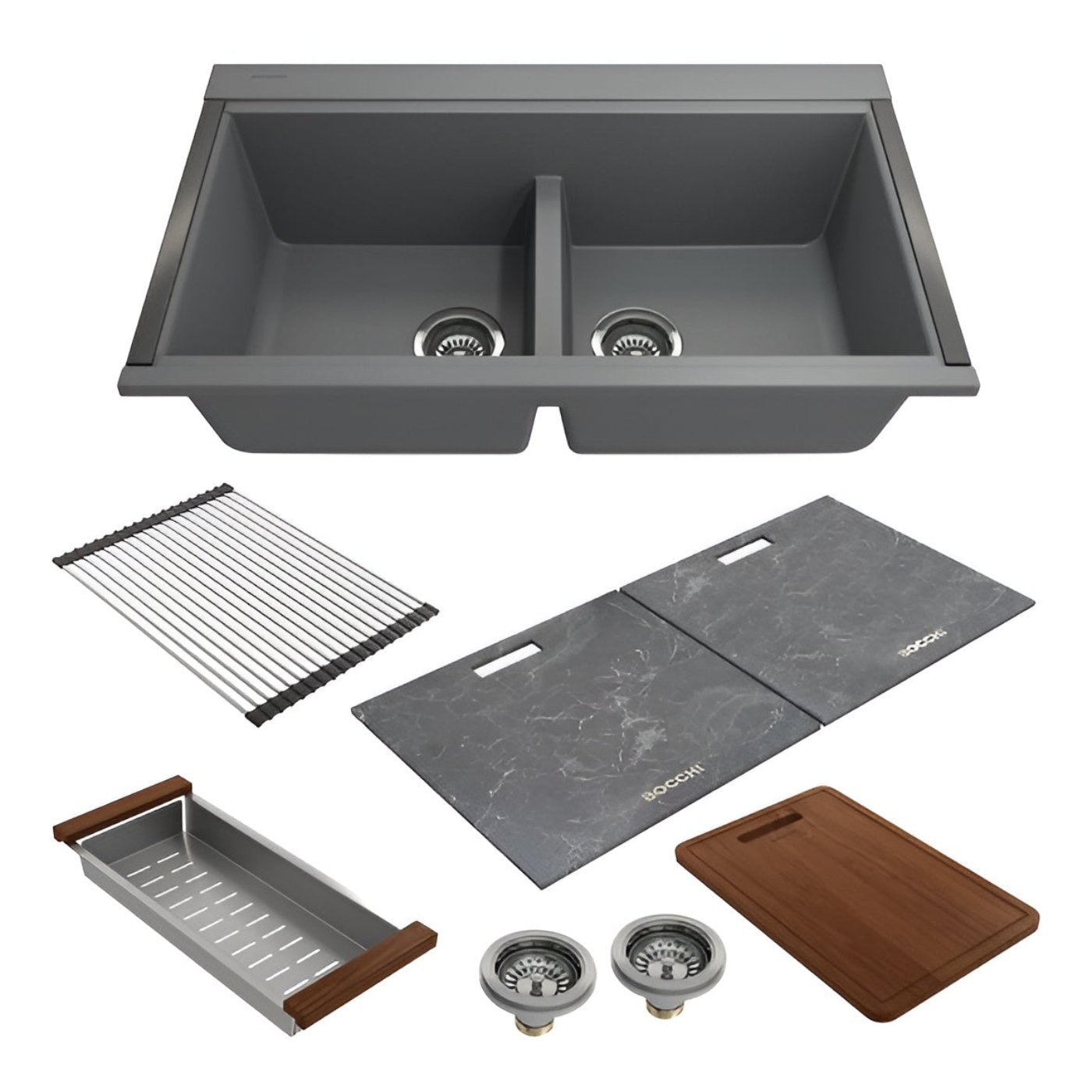 Bocchi 34" Undermount Double Bowl Composite Workstation Kitchen Sink with Covers in Metallic Black - 1618-505-0126HP