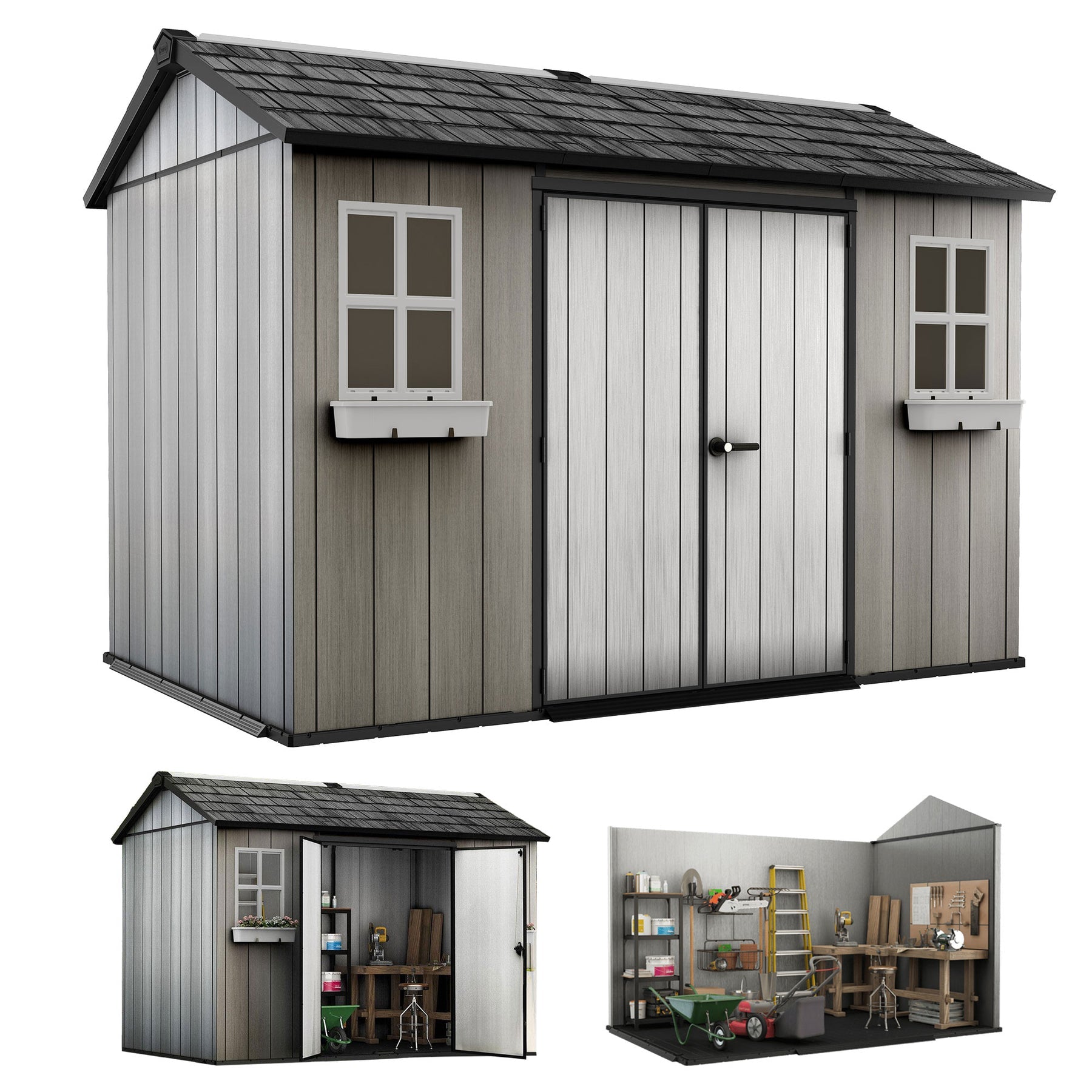 Keter Oakland 11 x 7.5 Foot Outdoor Garden Tool Storage Shed with Windows, Gray - 301442