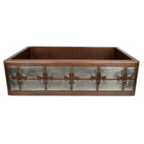 Premier Copper 33 in. Hammered Copper Apron Front Single Basin Kitchen Sink with Fleur De Lis Design and Nickel Background KASDB33229F-NB