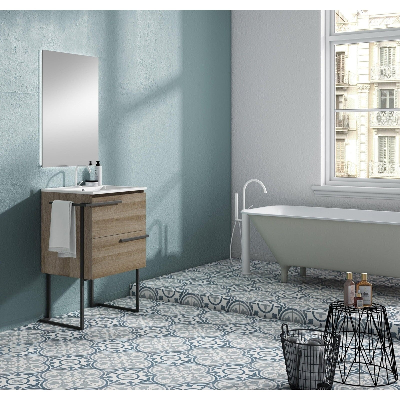 Lucena Bath Scala 24" Single Sink Vanity with Legs and Towel Bar in Abedul, White or Tera. - Backyard Provider