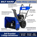 BILT HARD Snow Blower Gas Powered, 24 Inch 2-Stage Self-Propelled 212cc Engine with Electric Start, LED Headlight, 13" Snow Terrain Tires - TSA-0503