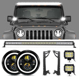 Auxbeam  07-17 Jeep JK - Mega Bundle, 7" LED Halo Headlights,52" 300W Straight LED Light Bar&Windshield Mounting Brackets, 18W Pods light - GP00007587