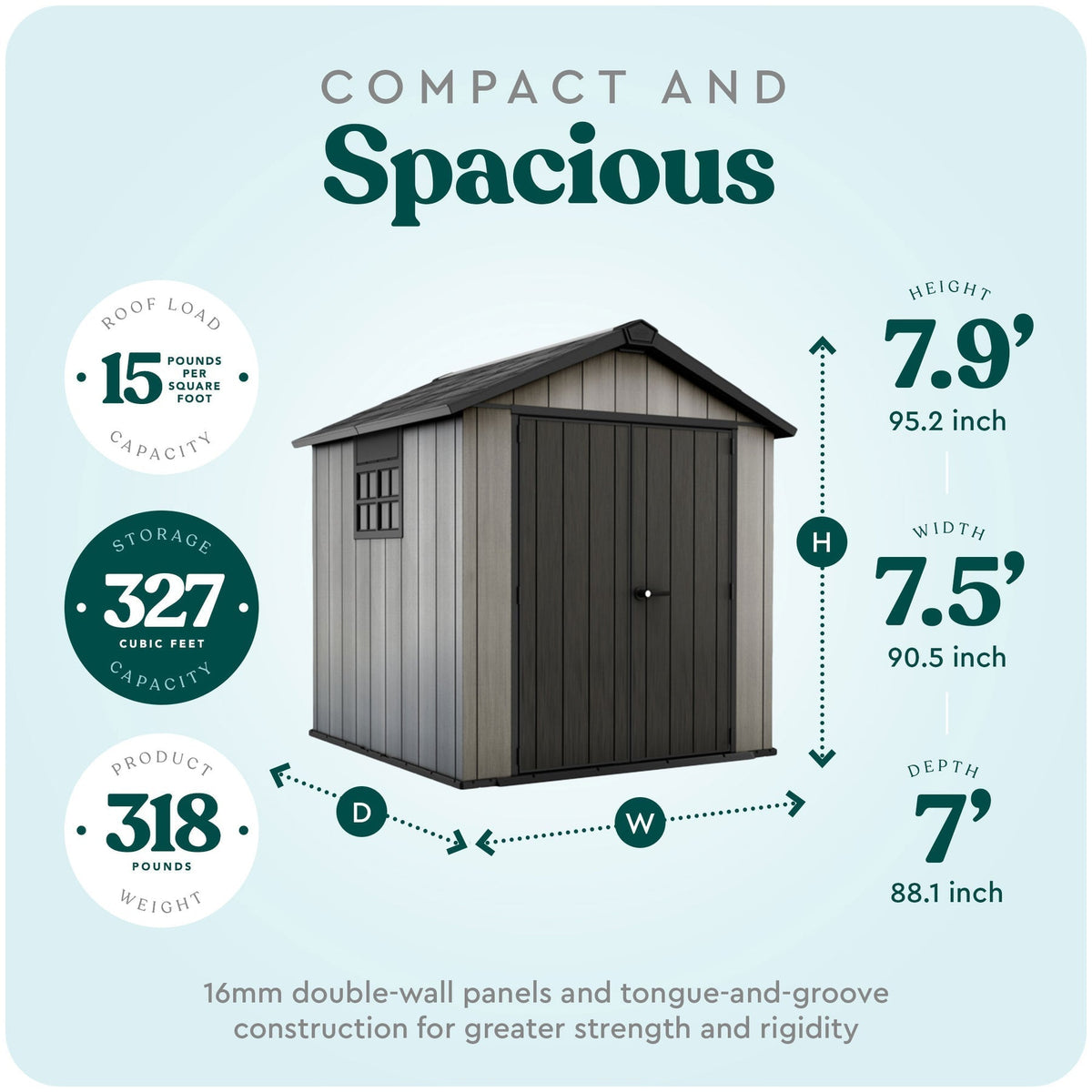 Keter Oakland 7x7.5 Foot Outdoor Garden Storage Shed w/ 40 Inch Steel Shelf Kit - 406044