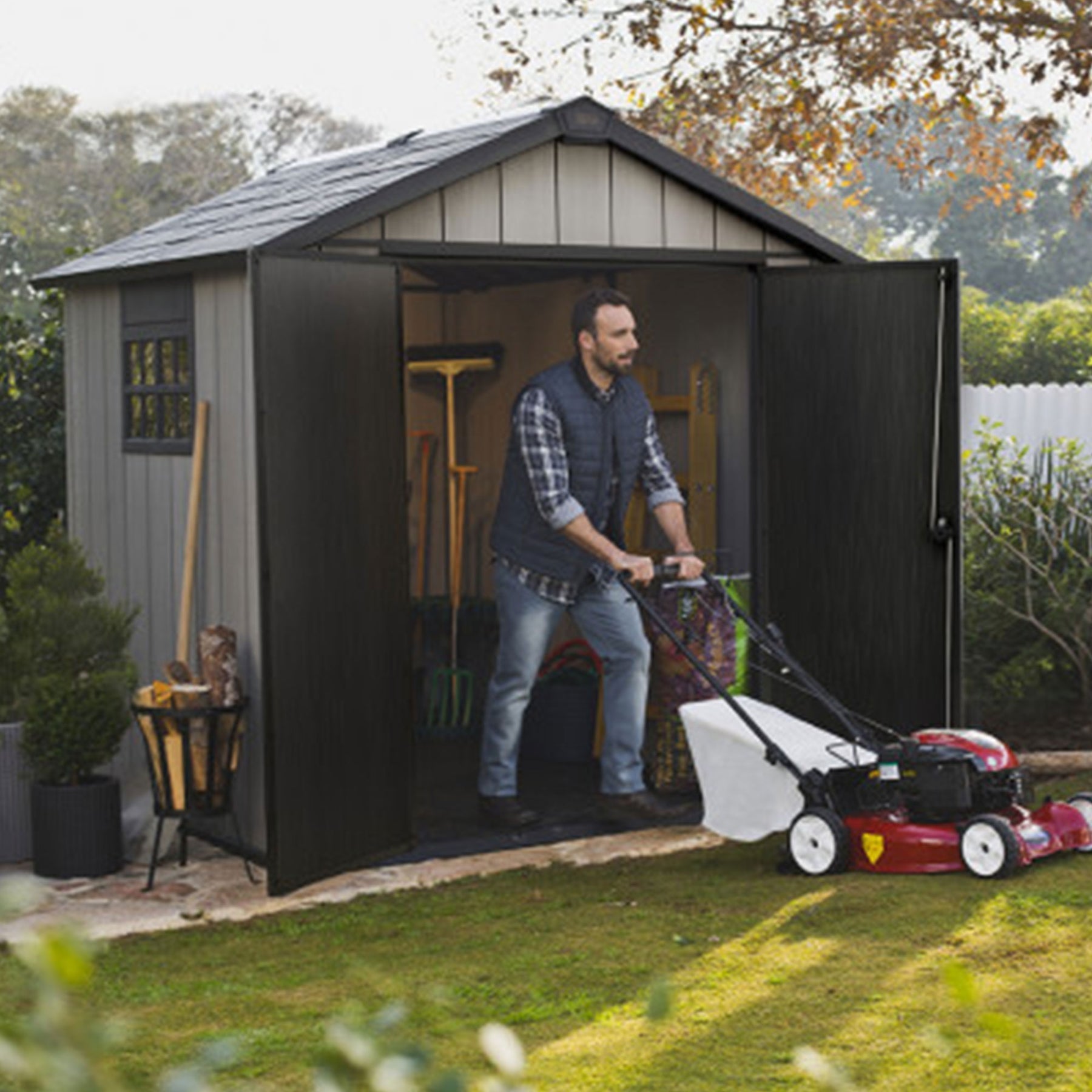 Keter Oakland 7x7.5 Foot Outdoor Garden Storage Shed w/ 40 Inch Steel Shelf Kit - 406044