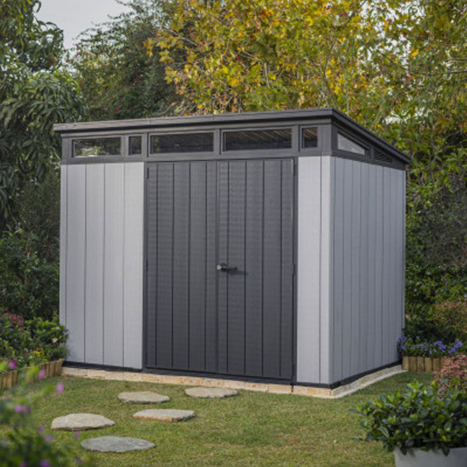 Keter Artisan 9x7 Foot Outdoor Garden Storage Shed with 40 Inch Steel Shelf Kit - 406046
