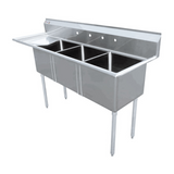 Chef AAA Three Tub Pot Sink 3.5 Inch Center Drain Left Drain Board - 43786