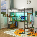 HomCom Twin Size with L-Shaped Desk, LED Lights, Charging Station, for Teens Adults, Twin Loft - B0DRJ5SBHF