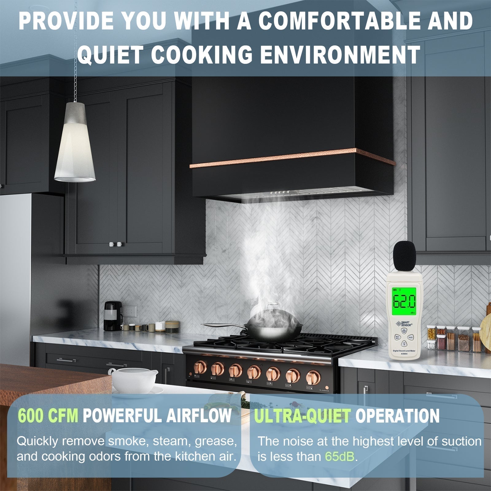 Akicon 36" Stainless Steel Range Hood & One Stacks, 600 CFM Wall Mount Vent Hood with - Powerful Vent Motor, Modern Box Kitchen Hood with LED Lights, Charcoal Filter - AK-HS36HA-JBC-48