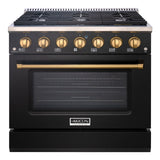 Akicon 36" Slide-in Freestanding Professional Style Gas Range with 5.2 Cu. Ft. Oven, 6 Burners, Convection Fan, Cast Iron Grates. Black & Gold - AK-JK36A1-BG