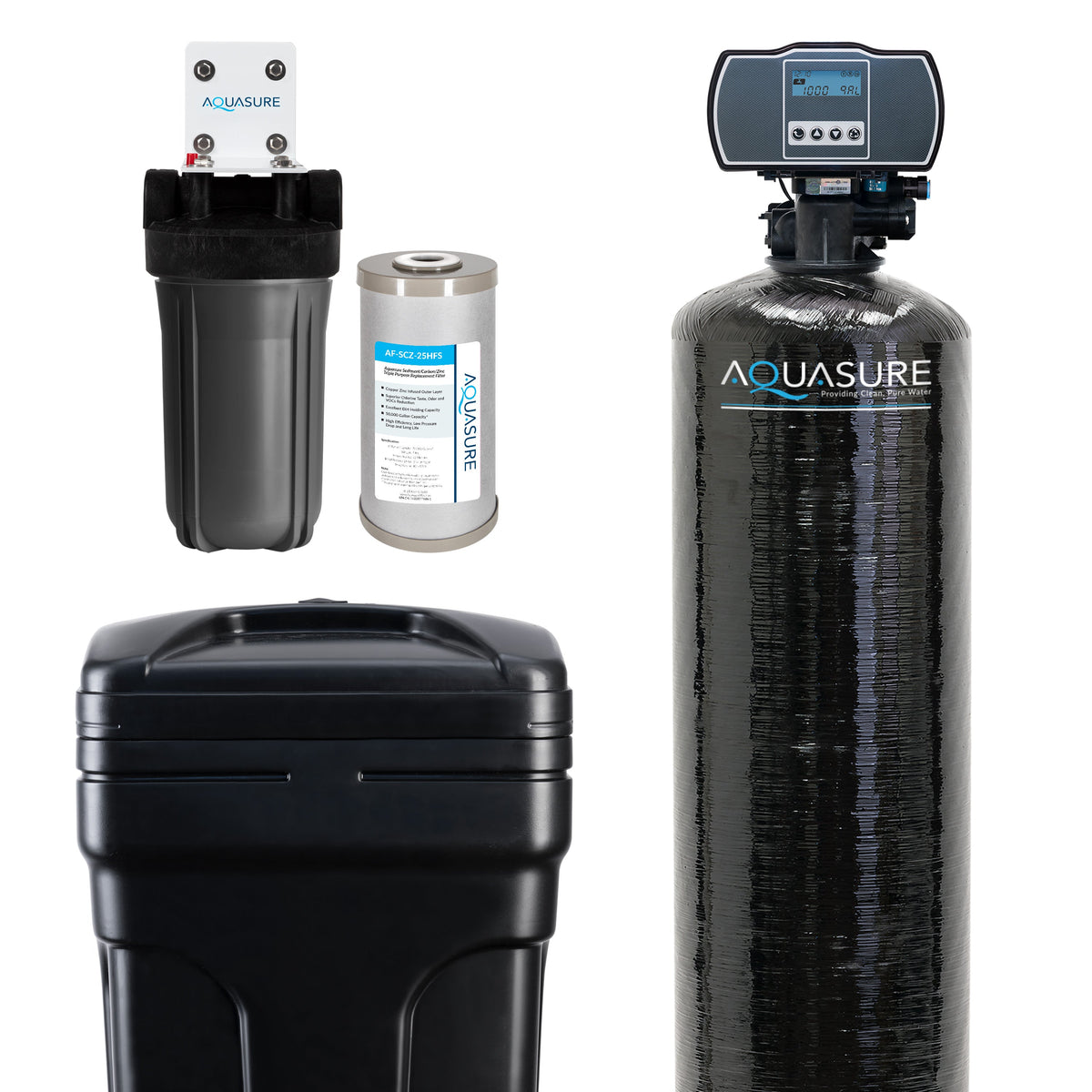 Aquasure Harmony Series | 64,000 Grains Water Softener with 10" Sediment/Carbon/Zinc Triple Purpose Whole House Water Filter - AS-HS64SCP