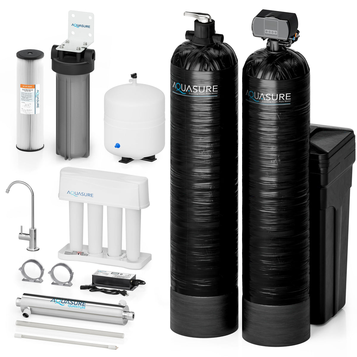 Aquasure Signature Elite | 1,500,000 Gallons Whole House Water Treatment System with 64,000 Grains Fine Mesh Resin and KDF85 Carbon Media and 18 GPM High Output Quantum UV De-Activator System - AS-SE1500FMU