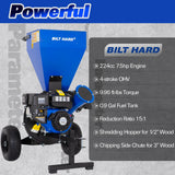 BILT HARD Wood Chipper - 7.5 HP 224cc Gas Powered Shredder Mulcher, 3 in 1 Multi-Function Heavy Duty, 3" Max Wood Diameter Capacity with Collection Bag - TRA-0401