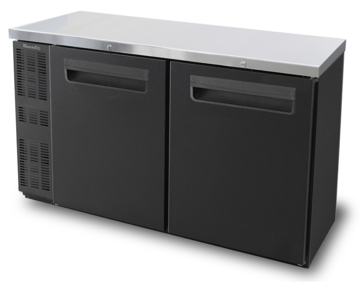 Blue Air | 60" Wide Narrow 2 Door Black Vinyl Stainless Steal Back Bar -  BNB-60BT-HC