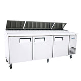 Frigos FGA-PZPT-3D-93 93" Three Solid Door Refrigerated Pizza Prep Table (12) 1/3 size pans - FGA-PZPT-3D-93