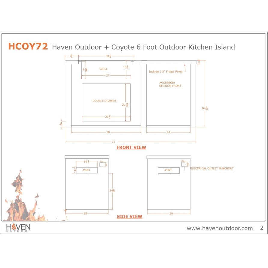 Haven 72-Inch Outdoor Kitchen Island with Plain Panel, Gas grill & Double Access Door - HCOY96PAN-AB-LP