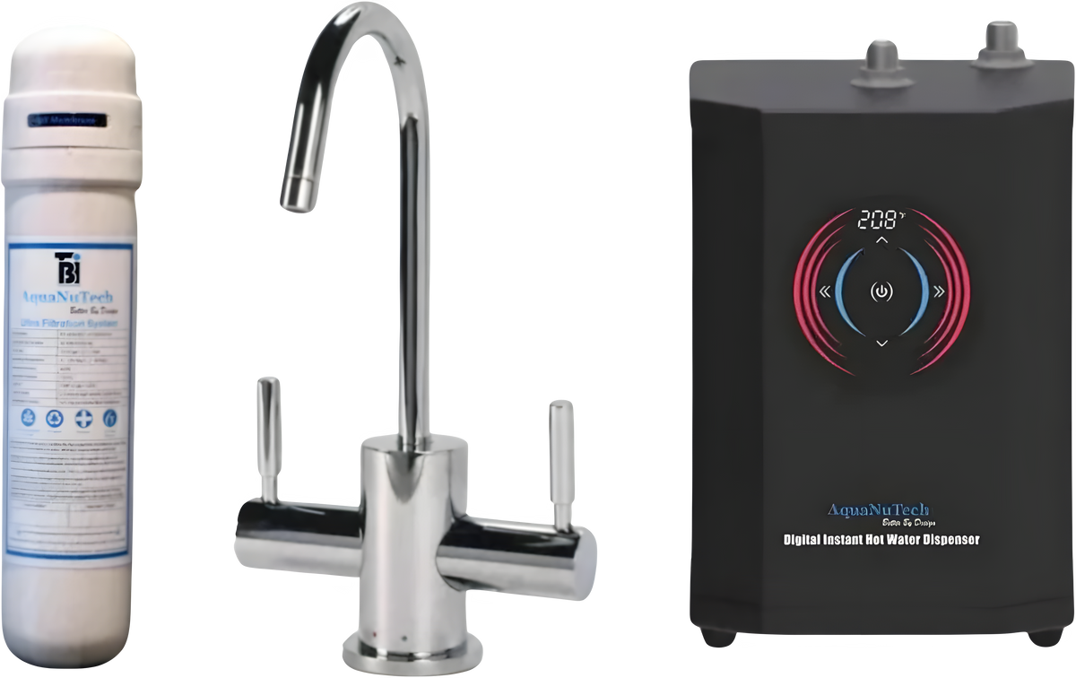AquaNuTech Digital Instant Hot Water Dispenser with Contemporary Hot/Cold Faucet & Filtration New - HTF-HC2400-CH