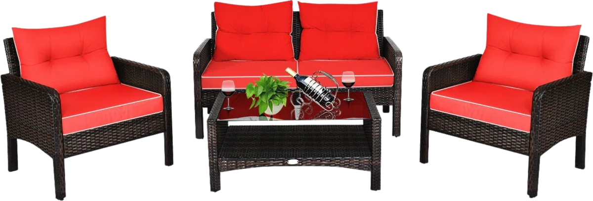 Costway Patio Furniture Set Rattan Outdoor 4 Piece Glass Coffee Table New - HW68637ARE+