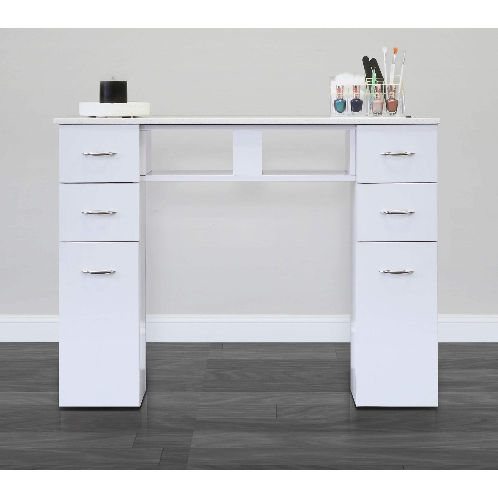 J&A MANICURE NAIL TABLE - SINGLE WHITE GRANITE TOP - DSP-J&A-NTBL-KM-TABLE-N104 SINGLE -BRN