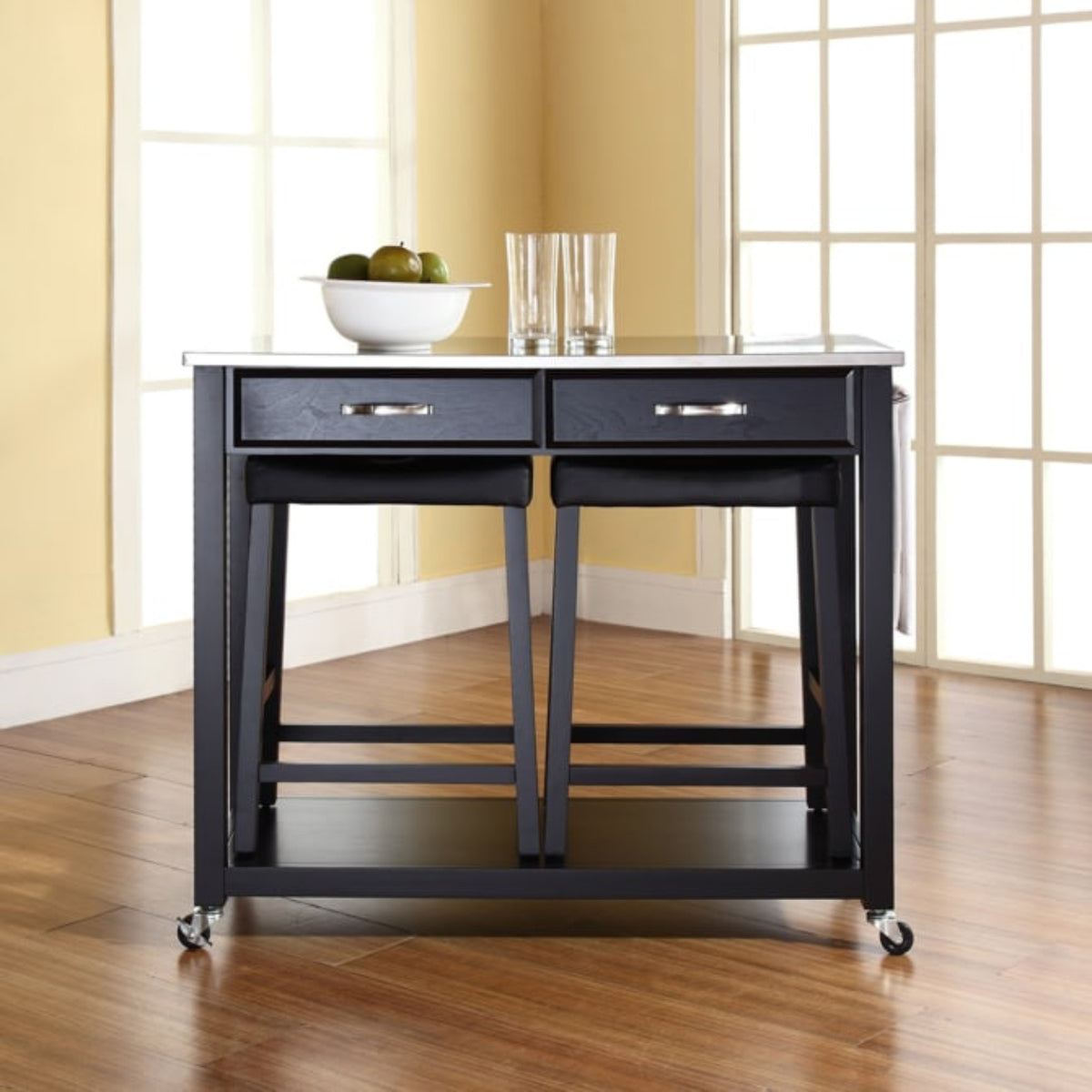 Crosley 43 Inch Stainless Steel Top Kitchen Prep Cart W/Uph Saddle Stools - KF300524