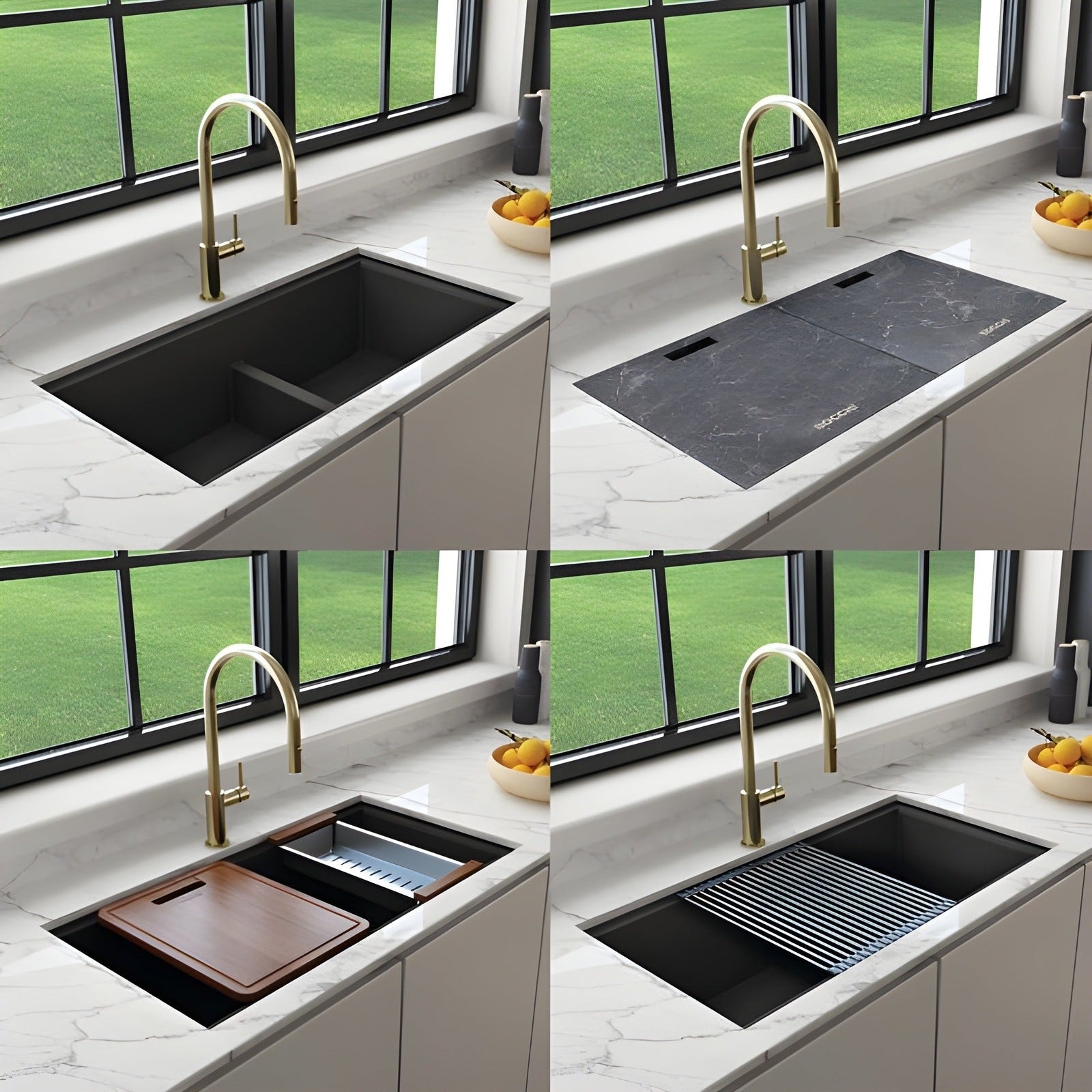 Bocchi 34" Undermount Double Bowl Composite Workstation Kitchen Sink with Covers in Matte Black - 1618-504-0126HP