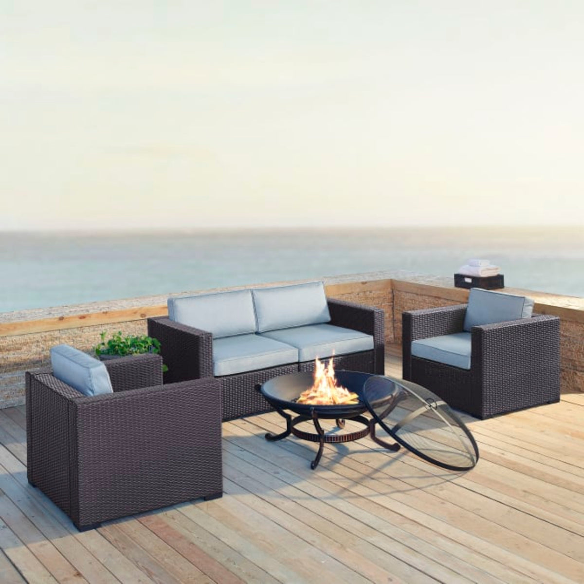 Crosley Biscayne 147 Inch 5pc Outdoor Wicker Conversation Set W/Fire Pit - KO70121BR