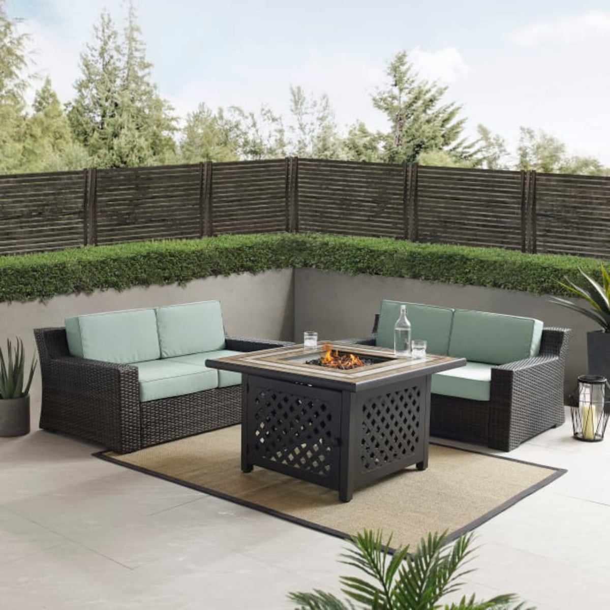 Crosley Beaufort 108 Inch 3pc Outdoor Wicker Conversation Set W/Fire Table Mist - KO70175BR