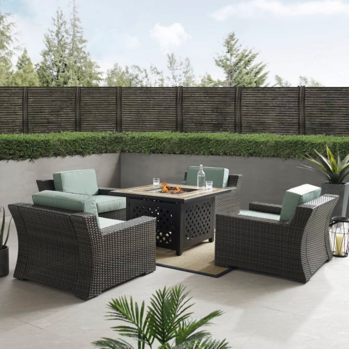 Crosley Beaufort 110 Inch 5pc Outdoor Wicker Chair Set W/Fire Table Mist - KO70180BR