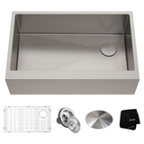 KRAUS 33" Modern Flat Front Farmhouse Stainless Steel Kitchen Sink with Off Center Drain - KHF410-33