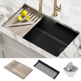 KRAUS Bellucci Workstation 33" Undermount Granite Composite Kitchen Sink in Metallic Black with Accessories - KGUW2-33MBL
