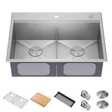 KRAUS Kore 30" Double Bowl Drop-In Workstation 16 Gauge Stainless Steel Kitchen Sink with Accessories - KWT302-30