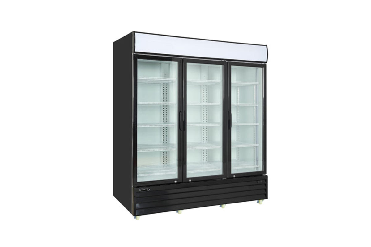 Kool-It KGM-75 | 78" Wide 3 Swing Door Black Merchandiser Refrigerator - KGM-75