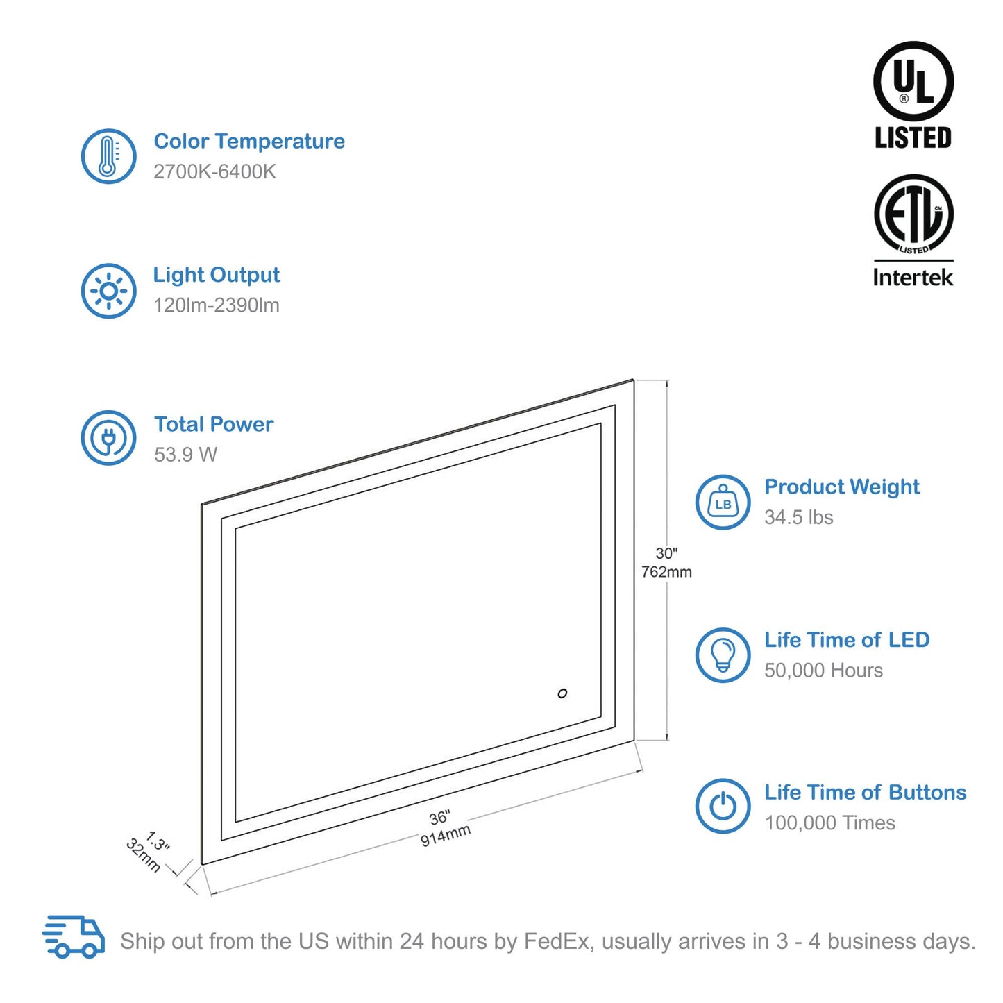 Blossom Lyra 36 x 30 Inch LED Mirror - LED M8 3630