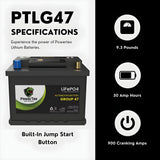 PowerTex 2022 Lexus RX450h V6 3.5LReplacement Car Battery BCI Group 47 Lithium LiFePO4 Automotive Powertex Battery - PTLG47-039