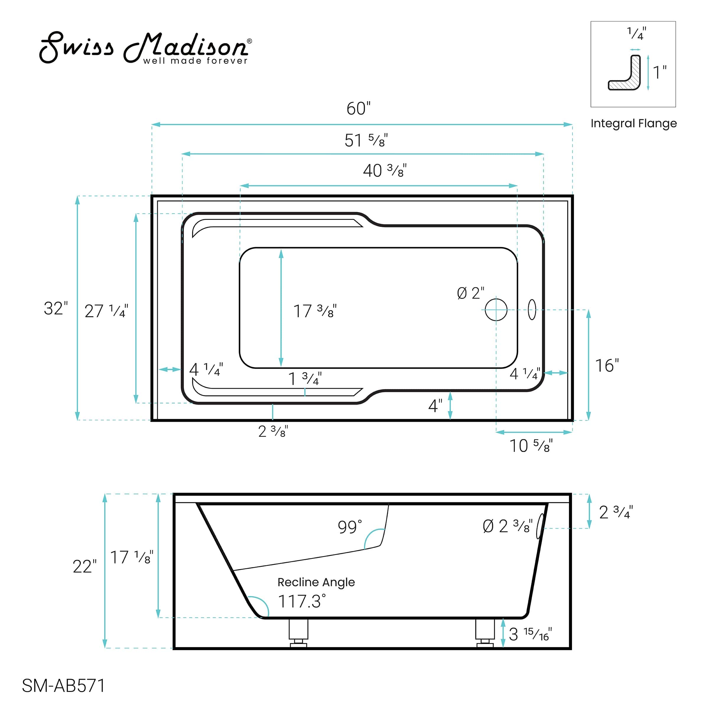 Swiss Madison Claire 60" x 32" Right-Hand Drain Drain Alcove Tub with Corner Apron - SM-AB571 - Backyard Provider