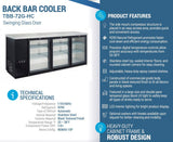Chef AAA Commercial 73" Glass Door Back Bar Refrigerator 19.2 cu.ft. - TBB-72G-HC