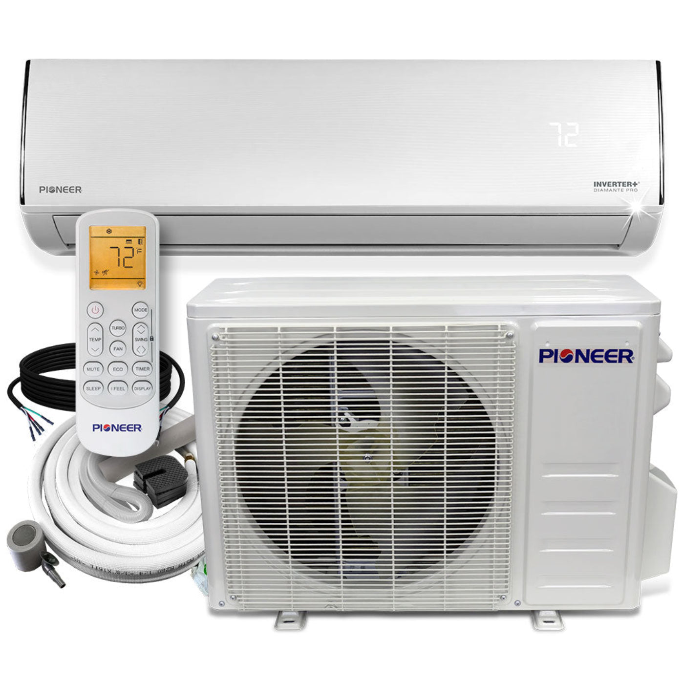 Pioneer Diamante Ultra 18,000 BTU 22 SEER2 Ductless Mini-Split Inverter++ Energy-Star Wi-Fi Air Conditioner Heat Pump Full Set 230V with 16 Ft. Kit - WYT018GLFI22RL