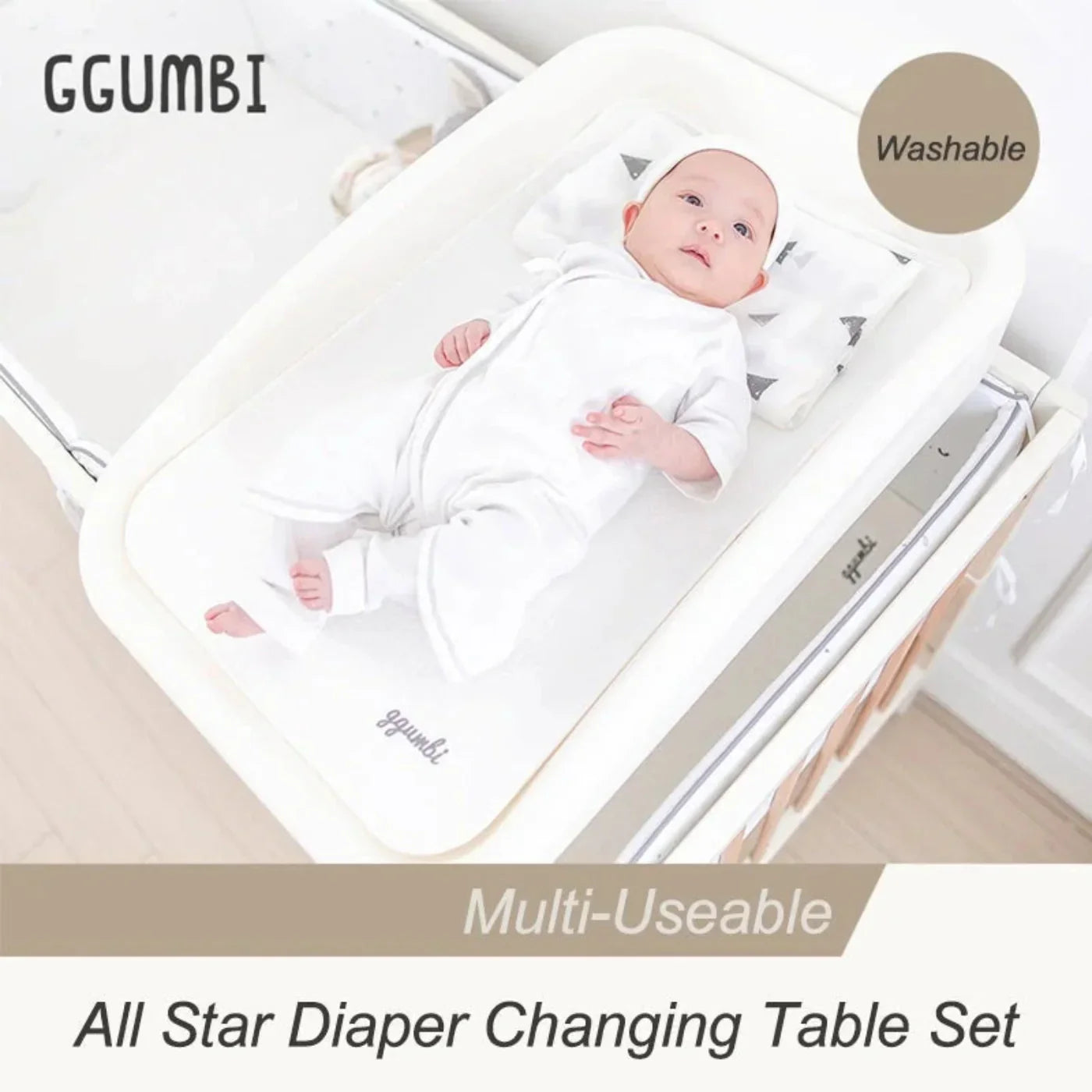 GGUMBI All Star Wood Baby Crib Full Set Baby Crib + Mattress + Cushion Guard 3P + Water Proof Pad + Diaper Changing Table Set - Gumb-Cribset