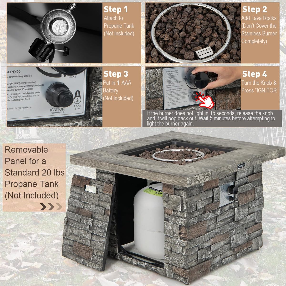 Tangkula 34.5 Inch Faux Stone Propane Fire Pit Table - NP10630WL-GR