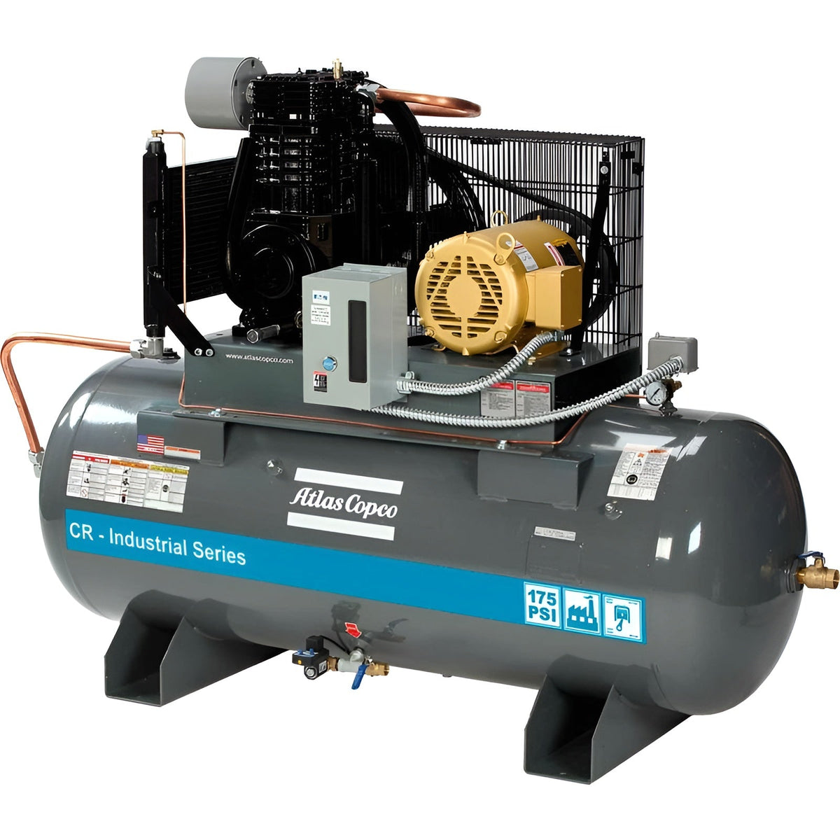 Atlas Copco 15HP, 36 CFM, 120 Gallon CR Industrial Series Duplex TEFC/NEMA4 Cast Iron Piston Air Compressor 230V 1PH - 2020041913
