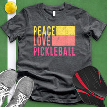 Load image into Gallery viewer, Peace Love Pickle Ball Pink And Yellow Tee
